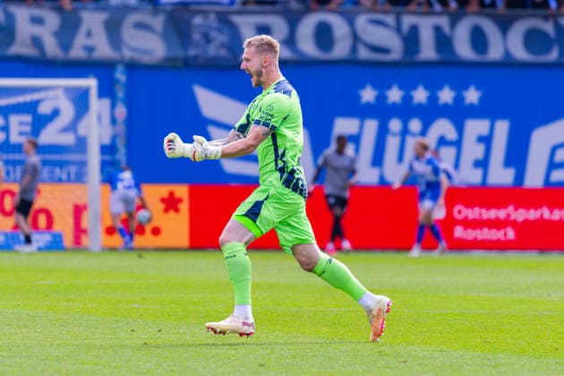 German 3rd Division, 2026–2027 Season, August 16, 2026, Matchday 2, FC Hansa Rostock vs. Waldhof Mannheim, Ostseestadion. Celebrations after the goal that tied the score at 3–3 for FC Hansa Rostock, scored by Florian Carstens (FC Hansa Rostock, No. 17) and Luca Unbehaun (FC Hansa Rostock, No. 1). Copyright: xMichellexLukax