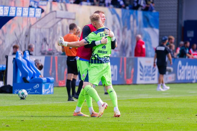 German 3rd Division, 2026–2027 Season, August 16, 2026, Matchday 2, FC Hansa Rostock vs. Waldhof Mannheim, Ostseestadion. Celebrations after the goal that tied the score at 3–3 for FC Hansa Rostock, scored by Florian Carstens. FC Hansa Rostock, 17, Unbehaun, Luca Unbehaun, FC Hansa Rostock, 1, Vannic Stein, FC Hansa Rostock, 30 Copyright: xMichellexLukax