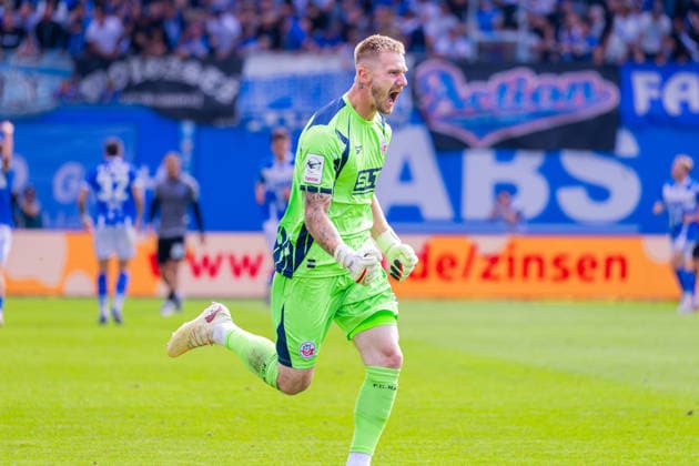 German 3rd Division, 2026–2027 Season, August 16, 2026, Matchday 2, FC Hansa Rostock vs. Waldhof Mannheim, Ostseestadion. Celebrations after the goal that tied the score at 3–3 for FC Hansa Rostock, scored by Florian Carstens (FC Hansa Rostock, No. 17) and Luca Unbehaun (FC Hansa Rostock, No. 1). Copyright: xMichellexLukax