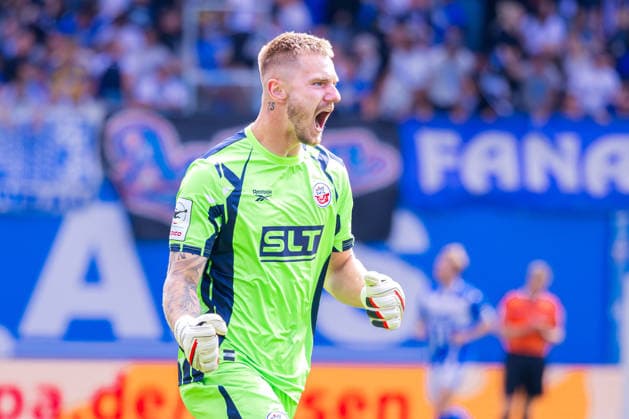 German 3rd Division, 2026–2027 Season, August 16, 2026, Matchday 2, FC Hansa Rostock vs. Waldhof Mannheim, Ostseestadion. Celebrations after the goal that tied the score at 3–3 for FC Hansa Rostock, scored by Florian Carstens (FC Hansa Rostock, No. 17) and Luca Unbehaun (FC Hansa Rostock, No. 1). Copyright: xMichellexLukax