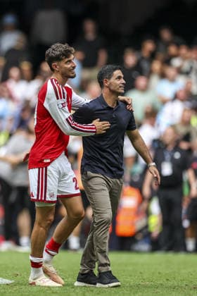 CARDIFF, WALES, AUG 16: Kai Havertz of Arsenal with his manager Mikel Arteta during the FA Community Shield match between Arsenal and Manchester City at the Millennium Stadium in Cardiff, Wales on 16th of August (photo by Qian Jun Sports Press Photo) Copyright: xQianxJun SportsxPressxPhotox Sportspressphoto_SPR209564