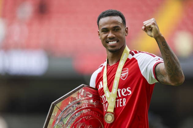 CARDIFF, WALES, AUG 16: Gabriel Magalhães of Arsenal celebrates with trophy after Arsenal win the FA Community Shield match between Arsenal and Manchester City at the Millennium Stadium in Cardiff, Wales on 16th of August (photo by Qian Jun Sports Press Photo) Copyright: xQianxJun SportsxPressxPhotox Sportspressphoto_SPR209576