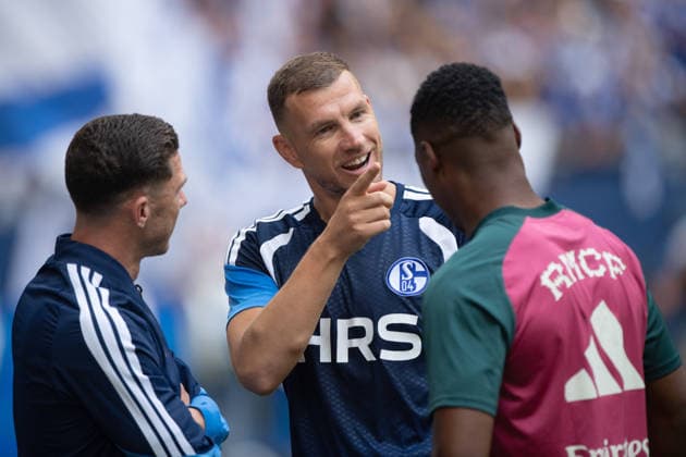From left: Nikola KATIC (GE), Edin DZEKO GE and Ibrahima KONATE Real Madrid Soccer Friendly Match FC Schalke 04 vs. Real Madrid 0–3 on August 16, 2026, at the Veltins Arena in Gelsenkirchen, Germany. DFL regulations prohibit any use of photographs as image sequences and or quasi-video.