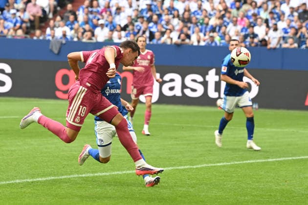 Carlos ESPI of Real Madrid scores the goal to make it 0–3 with a header in the soccer friendly match between FC Schalke 04 and Real Madrid (0–3) on August 16, 2026, at the Veltins Arena in Gelsenkirchen, Germany. DFL regulations prohibit any use of photographs as image sequences and or quasi-video.