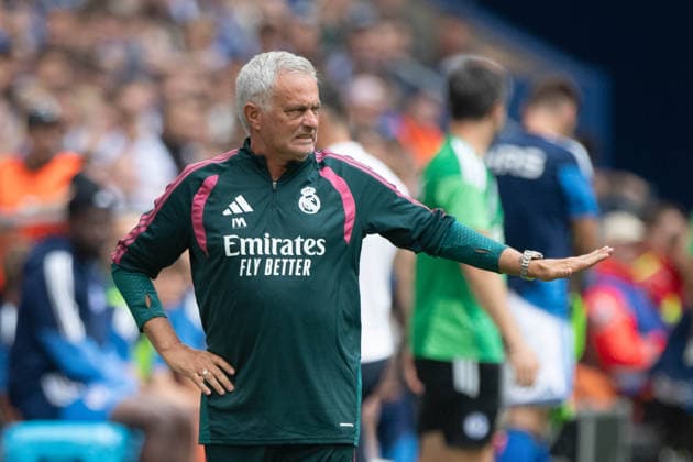 Coach Jose MOURINHO of Real Madrid gives instructions to his players, gesturing, Soccer friendly match: FC Schalke 04 vs. Real Madrid 0–3 on August 16, 2026, at the Veltins Arena in Gelsenkirchen, Germany. DFL regulations prohibit any use of photographs as image sequences and or quasi-video.