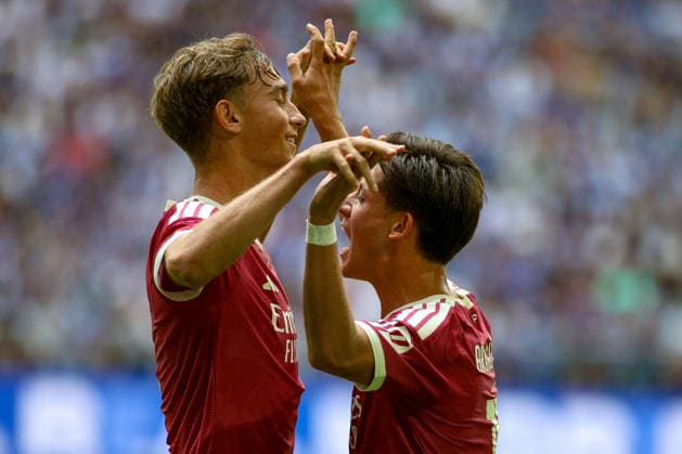 August 16, 2026, GER, Soccer, Men s, Friendly, 2026–2027 Season, FC Schalke 04 vs. Real Madrid CF, Dean Huijsen (RMA) celebrates his goal, scoring the 0–2 with Arda Güler (RMA) Copyright: xSvenxHanischx