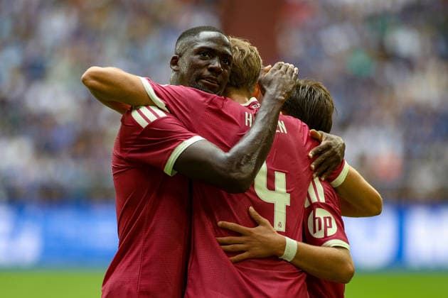 August 16, 2026, GER, Soccer, Men s, Friendly, 2026–2027 Season, FC Schalke 04 vs. Real Madrid CF: Dean Huijsen (RMA) celebrates his goal to make it 0–2 with Ibrahima Konaté (RMA) and Arda Güler (RMA) Copyright: xSvenxHanischx