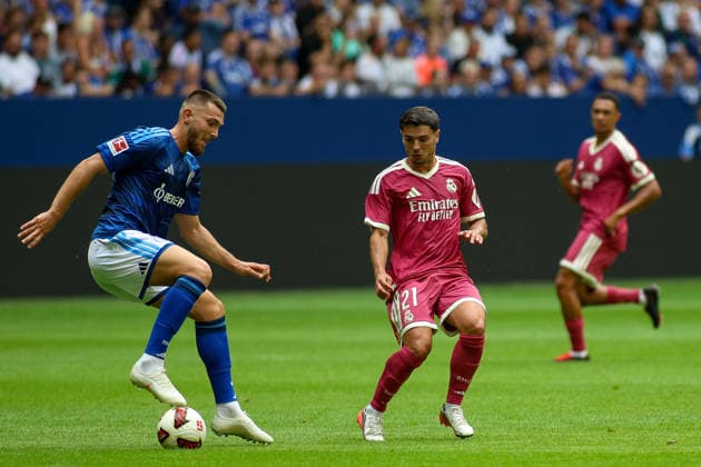 August 16, 2026, GER, Soccer, Men s, Friendly, 2026–2027 Season, FC Schalke 04 vs. Real Madrid CF: Hasan Kurucay (S04) and Brahim Diaz (RMA) battle for the ball Copyright: xSvenxHanischx
