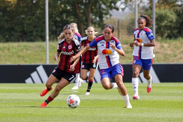 August 16, 2026, xgrfx, Women s Soccer Friendly Match, OL Lyonnes vs. Eintracht Frankfurt, Ereleta Memeti (Eintracht Frankfurt), Vicki Becho (OL Lyonnes). DFL and DFB regulations prohibit any use of photographs as image sequences and or quasi-video. Herzogenaurach