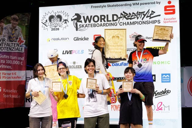 World Freestyle Skateboarding Championships - Finals 2026. Germany - Kassel, 16.08.2026 Women Amateur winners ceremony with the winners Hitomi Komatsu from Japan first place (c), Jenna Hoffmann from Germany second place (l) and Cornely Krijnen from the Netherlands (r) third place, as the third and final day of the World Freestyle Skateboarding Championships brings together freestyle skateboarding, urban culture, art, music and lifestyle at Messe Kassel. The event features international skateboarding competitions alongside graffiti, live music, BMX, workshops, exhibitions and other elements of the global freestyle and street culture community. Hesse