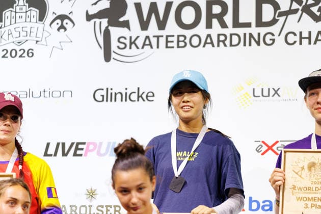 World Freestyle Skateboarding Championships - Finals 2026. Germany - Kassel, 16.08.2026 Women Pro winners ceremony with the winners Misato Komatsu from Japan first place (c), Carmen Ionita from Romania second place (l) and Freya Ruske from Germany (r) third place, as the third and final day of the World Freestyle Skateboarding Championships brings together freestyle skateboarding, urban culture, art, music and lifestyle at Messe Kassel. The event features international skateboarding competitions alongside graffiti, live music, BMX, workshops, exhibitions and other elements of the global freestyle and street culture community. Hesse