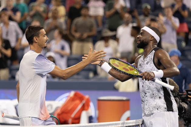 MASON, OHIO - AUGUST 16: Lorenzo Sonego of Italy and Frances Tiafoe of United States shake hands during day six of the Cincinnati Open at the Lindner Family Tennis Center on August 16, 2026 in Mason, Ohio. Copyright: xShainaxBenhiyoun SPPx Sportspressphoto_SPR210017