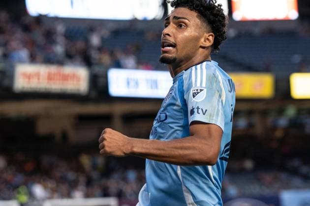 August 16, 2026, Bronx, New York, USA: Luighi Hanri Sousa Santos (20) of NYCFC celebrates scoring goal from penalty spot during MLS, Fussball Herren, USA regular season game between NYCFC and Philadelphia Union at Yankee stadium in New York, NY on August 16, 2026. Philadelphia won 3 - 2. MLS Regular Season Game Between NYCFC And Philadelphia Union  - ZUMAr339 20260816_znp_r339_027 Copyright: xLevxRadinx