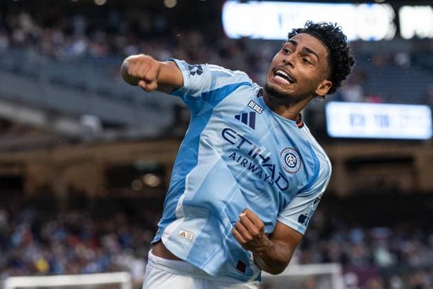 August 16, 2026, Bronx, New York, USA: Luighi Hanri Sousa Santos (20) of NYCFC celebrates scoring goal from penalty spot during MLS, Fussball Herren, USA regular season game between NYCFC and Philadelphia Union at Yankee stadium in New York, NY on August 16, 2026. Philadelphia won 3 - 2. Bronx USA - ZUMAr339 20260816_znp_r339_028 Copyright: xLevxRadinx