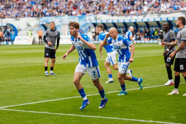 Goal celebration and joy from goal scorer Bernie Lennemann of Rostock after his goal to make it 2–3 GER, FC Hansa Rostock vs. SV Waldhof Mannheim, Soccer, Men, 3rd Division, Matchday 2, 2026–2027 season, August 16, 2026, Rostock Ostseestadion, Mecklenburg-Western Pomerania, Germany