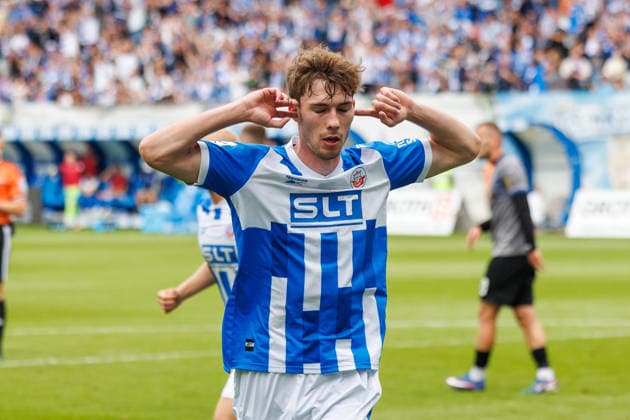 Goal celebration and joy from goal scorer Bernie Lennemann of Rostock after his goal to make it 2–3 GER, FC Hansa Rostock vs. SV Waldhof Mannheim, Soccer, Men, 3rd Division, Matchday 2, 2026–2027 season, August 16, 2026, Rostock Ostseestadion, Mecklenburg-Western Pomerania, Germany