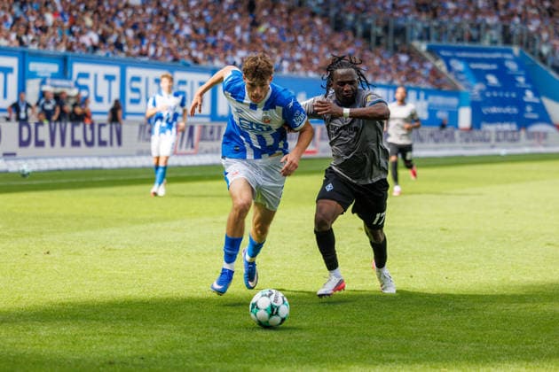Left: Bernie Lennemann (Rostock) vs. Darnell Keumo (Waldhof), GER; FC Hansa Rostock vs. SV Waldhof Mannheim; Soccer; Men; 3rd Division; Matchday 2; 2026–2027 Season; August 16, 2026, Rostock Ostseestadion, Mecklenburg-Western Pomerania, Germany
