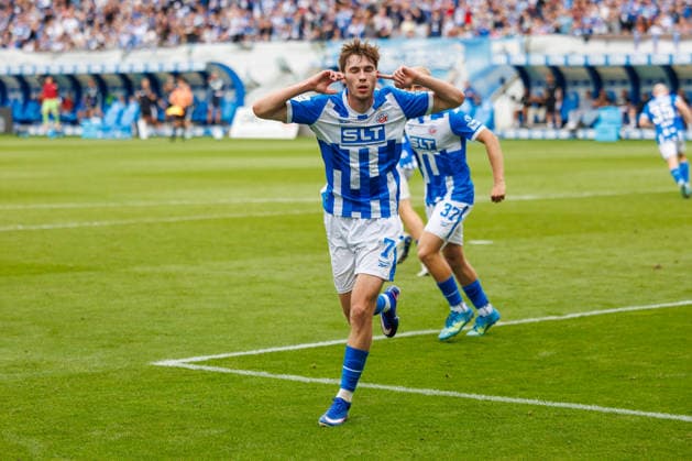 Goal celebration and joy from goal scorer Bernie Lennemann of Rostock after his goal to make the score 2–3 GER, FC Hansa Rostock vs. SV Waldhof Mannheim, Soccer, Men, 3rd Division, Matchday 2, 2026–2027 season, August 16, 2026, Rostock Ostseestadion, Mecklenburg-Western Pomerania, Germany