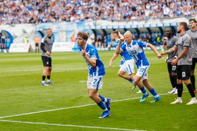 Goal celebration and joy from goal scorer Bernie Lennemann of Rostock after his goal to make the score 2–3 GER, FC Hansa Rostock vs. SV Waldhof Mannheim, Soccer, Men, 3rd Division, Matchday 2, 2026–2027 season, August 16, 2026, Rostock Ostseestadion, Mecklenburg-Western Pomerania, Germany