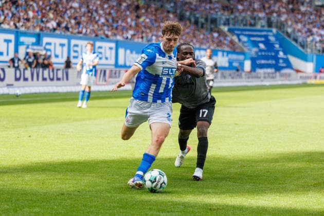 Left: Bernie Lennemann (Rostock) vs. Darnell Keumo (Waldhof), GER; FC Hansa Rostock vs. SV Waldhof Mannheim; Soccer; Men; 3rd Division; Matchday 2; 2026–2027 Season; August 16, 2026, Rostock Ostseestadion, Mecklenburg-Western Pomerania, Germany