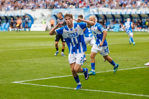 Goal celebration and joy from goal scorer Bernie Lennemann of Rostock after his goal to make it 2–3 GER, FC Hansa Rostock vs. SV Waldhof Mannheim, Soccer, Men, 3rd Division, Matchday 2, 2026–2027 season, August 16, 2026, Rostock Ostseestadion, Mecklenburg-Western Pomerania, Germany