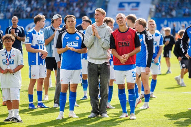 v l Kenan Fatkic Rostock, Emil Frost Holten (Rostock) and Franz Pfanne (Rostock) are disappointed, angry, frustrated, and upset. GER, FC Hansa Rostock vs. SV Waldhof Mannheim, Soccer, Men, 3rd Division, Matchday 2, 2026–2027 Season, August 16, 2026, Rostock Ostseestadion, Mecklenburg-Western Pomerania, Germany