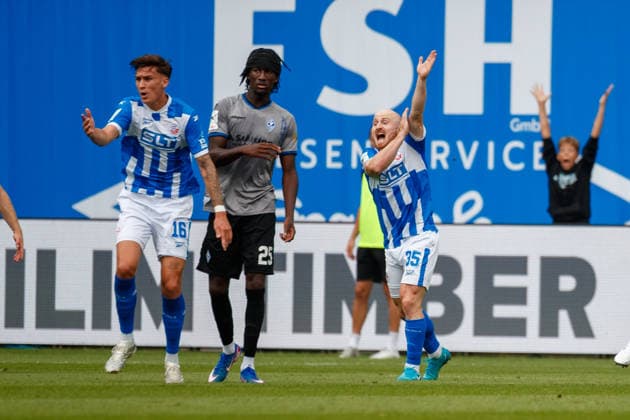 Maximilian Krauß of Rostock protests a handball call (GER), FC Hansa Rostock vs. SV Waldhof Mannheim, Soccer, Men, 3rd Division, Matchday 2, 2026–2027 Season, August 16, 2026, Rostock Ostseestadion, Mecklenburg-Western Pomerania, Germany