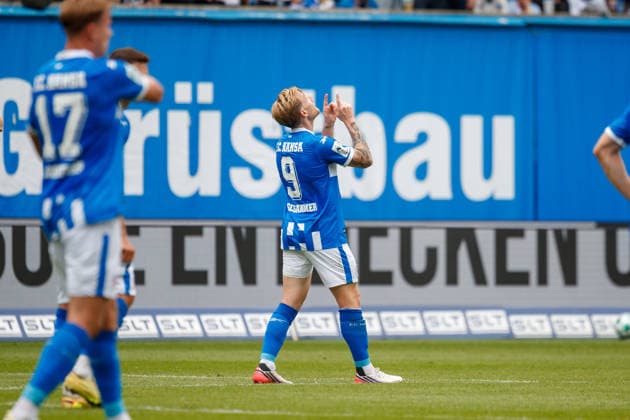 Goal Celebration 1 2 Goal Scorer Andreas Voglsammer Rostock GER, FC Hansa Rostock vs. SV Waldhof Mannheim, Soccer, Men, 3rd Division, Matchday 2, 2026–2027 Season, August 16, 2026, Rostock, Ostseestadion, Mecklenburg-Western Pomerania, Germany