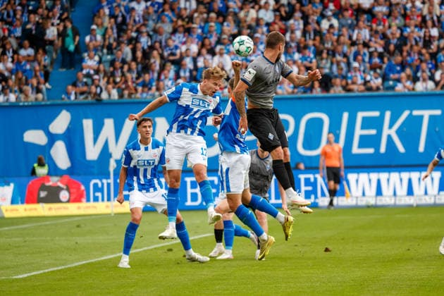 Left: Florian Carstens (Rostock) vs. Julian Ulbricht (Waldhof GER), FC Hansa Rostock vs. SV Waldhof Mannheim, Soccer, Men, 3rd Division, Matchday 2, 2026–2027 Season, August 16, 2026, Rostock Ostseestadion, Mecklenburg-Western Pomerania, Germany