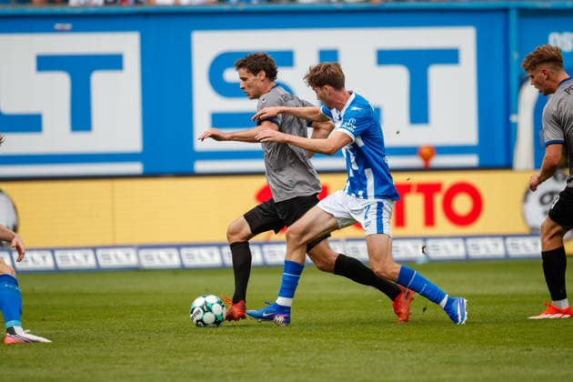 Left: Maximilian Thalhammer (Waldhof) vs. Bernie Lennemann (Rostock), GER; FC Hansa Rostock vs. SV Waldhof Mannheim; Soccer; Men; 3rd Division; Matchday 2; 2026–2027 Season; August 16, 2026, Rostock Ostseestadion, Mecklenburg-Western Pomerania, Germany