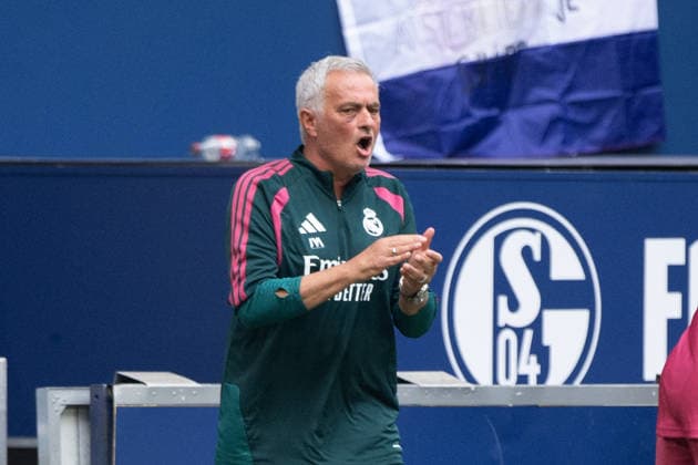 Coach Jose MOURINHO of Real Madrid gives instructions to his players during the friendly soccer match between FC Schalke 04 and Real Madrid (0–3) on August 16, 2026, at the Veltins Arena in Gelsenkirchen, Germany. DFL regulations prohibit any use of photographs as image sequences and or quasi-video.
