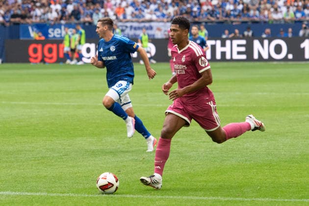 Jude BELLINGHAM, Real Madrid play, individual play, soccer friendly match: FC Schalke 04 vs. Real Madrid 0–3 on August 16, 2026, at the Veltins Arena in Gelsenkirchen, Germany. DFL regulations prohibit any use of photographs as image sequences and or quasi-video.