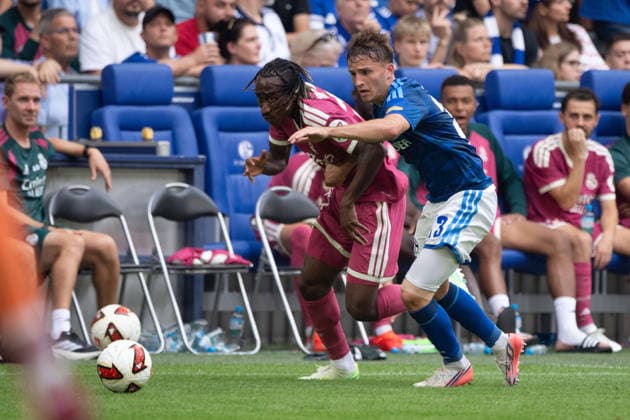 Yan DIOMANDE (Real Madrid) vs. Vitalie BECKER (GE) – Action, Tackle, Soccer Friendly Match: FC Schalke 04 vs. Real Madrid 0–3 on August 16, 2026, at the Veltins Arena in Gelsenkirchen, Germany. DFL regulations prohibit any use of photographs as image sequences and or quasi-video.