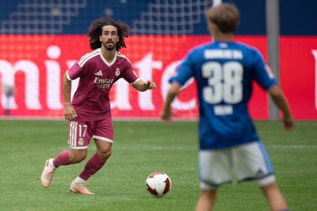 Marc CUCURELLA (Real Madrid) vs. Luca VOZAR (GE) – Action, Tackle, Soccer Friendly Match FC Schalke 04 vs. Real Madrid 0–3 on August 16, 2026, at the Veltins Arena in Gelsenkirchen, Germany. DFL regulations prohibit any use of photographs as image sequences and or quasi-video.