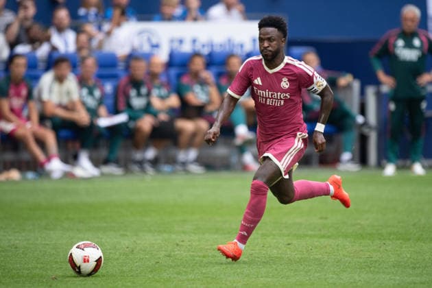Vinicius JUNIOR, Real Madrid play, individual play, soccer friendly match: FC Schalke 04 vs. Real Madrid 0–3 on August 16, 2026, at the Veltins Arena in Gelsenkirchen, Germany. DFL regulations prohibit any use of photographs as image sequences and or quasi-video.