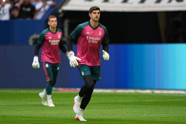 August 16, 2026, xydrx, Men s, Soccer, Friendly Match, FC Schalke 04 vs. Real Madrid, 2026–2027 Season, Veltins Arena, Thibaut Courtois (Real Madrid), 1 DFB regulations prohibit any use of photographs as image sequences and or quasi-video Copyright: HMBxMedia YannisxDreimann