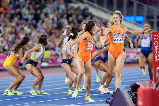 BIRMINGHAM, GREAT BRITAIN - AUGUST 16, 2026 : Eveline SAALBERG (NED Netherlands) and Lieke KLAVER (NED Netherlands) competing in the 4x400m relay final during the European Athletics Championships at Alexander Stadium on August 16, 2026 in Birmingham, Great Britain. Great Britain Copyright: xLeahxKohringx