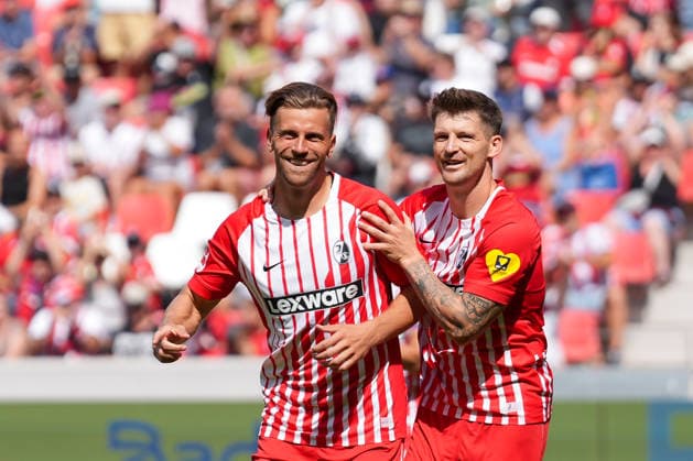 Lucas Höler (Lucas Hoeler), SC Freiburg, 09, and Lukas Kübler (Lukas Kuebler), SC Freiburg, 17—goal celebration, emotions, shot on goal, finish, goal scored, goal, hit, Germany, soccer, friendly match, season opener, SC Freiburg vs. Crystal Palace, August 15, 2026, Europa-Park Stadium, Freiburg, Freiburg, Europa-Park Stadium, Baden-Württemberg, Germany Copyright: xArnexAmbergx