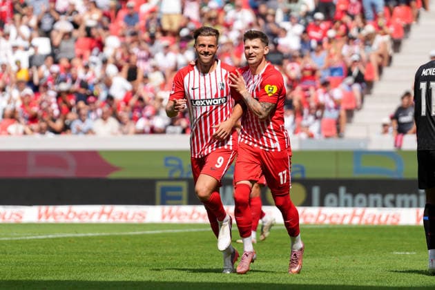 Lucas Höler (Lucas Hoeler), SC Freiburg, 09, and Lukas Kübler (Lukas Kuebler), SC Freiburg, 17—goal celebration, emotions, shot on goal, finish, goal scored, goal, hit, Germany, soccer, friendly match, season opener, SC Freiburg vs. Crystal Palace, August 15, 2026, Europa-Park Stadium, Freiburg, Freiburg, Europa-Park Stadium, Baden-Württemberg, Germany Copyright: xArnexAmbergx