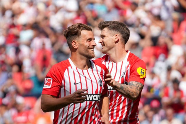 Lucas Höler (Lucas Hoeler), SC Freiburg, 09, and Lukas Kübler (Lukas Kuebler), SC Freiburg, 17—goal celebration, emotions, shot on goal, finish, goal scored, goal, hit, Germany, soccer, friendly match, season opener, SC Freiburg vs. Crystal Palace, August 15, 2026, Europa-Park Stadium, Freiburg, Freiburg, Europa-Park Stadium, Baden-Württemberg, Germany Copyright: xArnexAmbergx