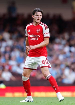 Cardiff, Wales, 16th August 2026. Declan Rice of Arsenal during the Arsenal vs Manchester City FA Community Shield match at Principality Stadium, Cardiff. Picture credit should read: Cody Froggatt Sportimage EDITORIAL USE ONLY. No use with unauthorised audio, video, data, fixture lists, club league logos or live services. Online in-match use limited to 120 images, no video emulation. No use in betting, games or single club league player publications. SPI_148_CF_ARSENAL_V_MANCHESTER_CITY SPI-4912-0148