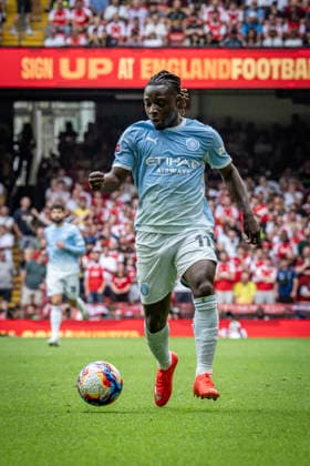 RECORD DATE NOT STATED 16th August 2026; Millennium Stadium, Cardiff, Wales; Community Shield Football, Arsenal versus Manchester City; Jeremy Doku of Manchester City runs with the ball GodfreyxPitt