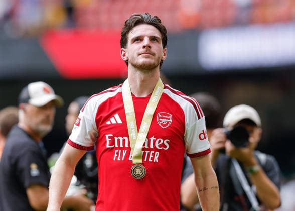 Cardiff, Wales, 16th August 2026. Declan Rice of Arsenal following the Arsenal vs Manchester City FA Community Shield match at Principality Stadium, Cardiff. Picture credit should read: Cody Froggatt Sportimage EDITORIAL USE ONLY. No use with unauthorised audio, video, data, fixture lists, club league logos or live services. Online in-match use limited to 120 images, no video emulation. No use in betting, games or single club league player publications. SPI_218_CF_ARSENAL_V_MANCHESTER_CITY SPI-4912-0218