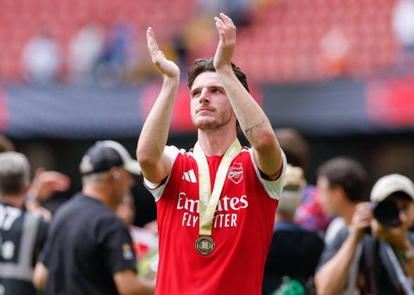 Cardiff, Wales, 16th August 2026. Declan Rice of Arsenal applauds fans following the Arsenal vs Manchester City FA Community Shield match at Principality Stadium, Cardiff. Picture credit should read: Cody Froggatt Sportimage EDITORIAL USE ONLY. No use with unauthorised audio, video, data, fixture lists, club league logos or live services. Online in-match use limited to 120 images, no video emulation. No use in betting, games or single club league player publications. SPI_219_CF_ARSENAL_V_MANCHESTER_CITY SPI-4912-0219