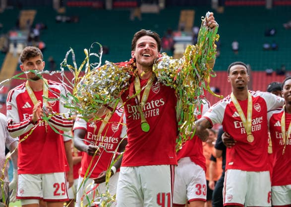 Cardiff, Wales, 16th August 2026. Declan Rice of Arsenal celebrates after lifting FA Community Shield following the the Arsenal vs Manchester City FA Community Shield match at Principality Stadium, Cardiff. Picture credit should read: Cody Froggatt Sportimage EDITORIAL USE ONLY. No use with unauthorised audio, video, data, fixture lists, club league logos or live services. Online in-match use limited to 120 images, no video emulation. No use in betting, games or single club league player publications. SPI_220_CF_ARSENAL_V_MANCHESTER_CITY SPI-4912-0220