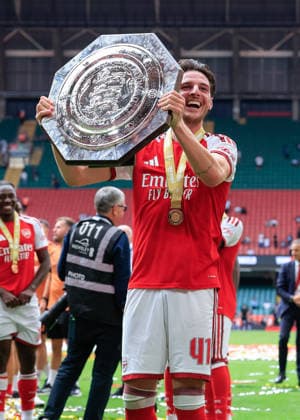 Cardiff, Wales, 16th August 2026. Declan Rice of Arsenal lifts the FA Community Shield trophy following the Arsenal vs Manchester City FA Community Shield match at Principality Stadium, Cardiff. Picture credit should read: Cody Froggatt Sportimage EDITORIAL USE ONLY. No use with unauthorised audio, video, data, fixture lists, club league logos or live services. Online in-match use limited to 120 images, no video emulation. No use in betting, games or single club league player publications. SPI_235_CF_ARSENAL_V_MANCHESTER_CITY SPI-4912-0235
