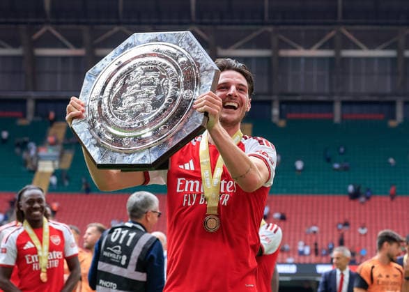 Cardiff, Wales, 16th August 2026. Declan Rice of Arsenal lifts the FA Community Shield trophy following the Arsenal vs Manchester City FA Community Shield match at Principality Stadium, Cardiff. Picture credit should read: Cody Froggatt Sportimage EDITORIAL USE ONLY. No use with unauthorised audio, video, data, fixture lists, club league logos or live services. Online in-match use limited to 120 images, no video emulation. No use in betting, games or single club league player publications. SPI_236_CF_ARSENAL_V_MANCHESTER_CITY SPI-4912-0236