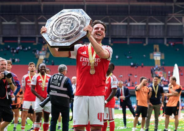 Cardiff, Wales, 16th August 2026. Declan Rice of Arsenal lifts the FA Community Shield trophy following the Arsenal vs Manchester City FA Community Shield match at Principality Stadium, Cardiff. Picture credit should read: Cody Froggatt Sportimage EDITORIAL USE ONLY. No use with unauthorised audio, video, data, fixture lists, club league logos or live services. Online in-match use limited to 120 images, no video emulation. No use in betting, games or single club league player publications. SPI_237_CF_ARSENAL_V_MANCHESTER_CITY SPI-4912-0237