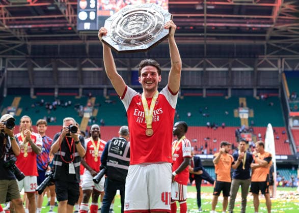 Cardiff, Wales, 16th August 2026. Declan Rice of Arsenal lifts the FA Community Shield trophy following the Arsenal vs Manchester City FA Community Shield match at Principality Stadium, Cardiff. Picture credit should read: Cody Froggatt Sportimage EDITORIAL USE ONLY. No use with unauthorised audio, video, data, fixture lists, club league logos or live services. Online in-match use limited to 120 images, no video emulation. No use in betting, games or single club league player publications. SPI_238_CF_ARSENAL_V_MANCHESTER_CITY SPI-4912-0238