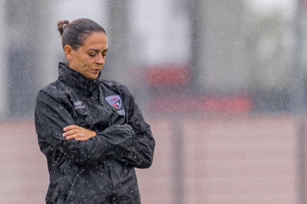 Ingolstadt, Germany, August 18, 2026; 3rd League 2026–2027; FC Ingolstadt 04; Training; Pictured: FCI Coach Sabrina Wittmann, deep in thought on the field at the Audi Sportpark Bayern training facility Copyright: xFotostandx xSchäferx